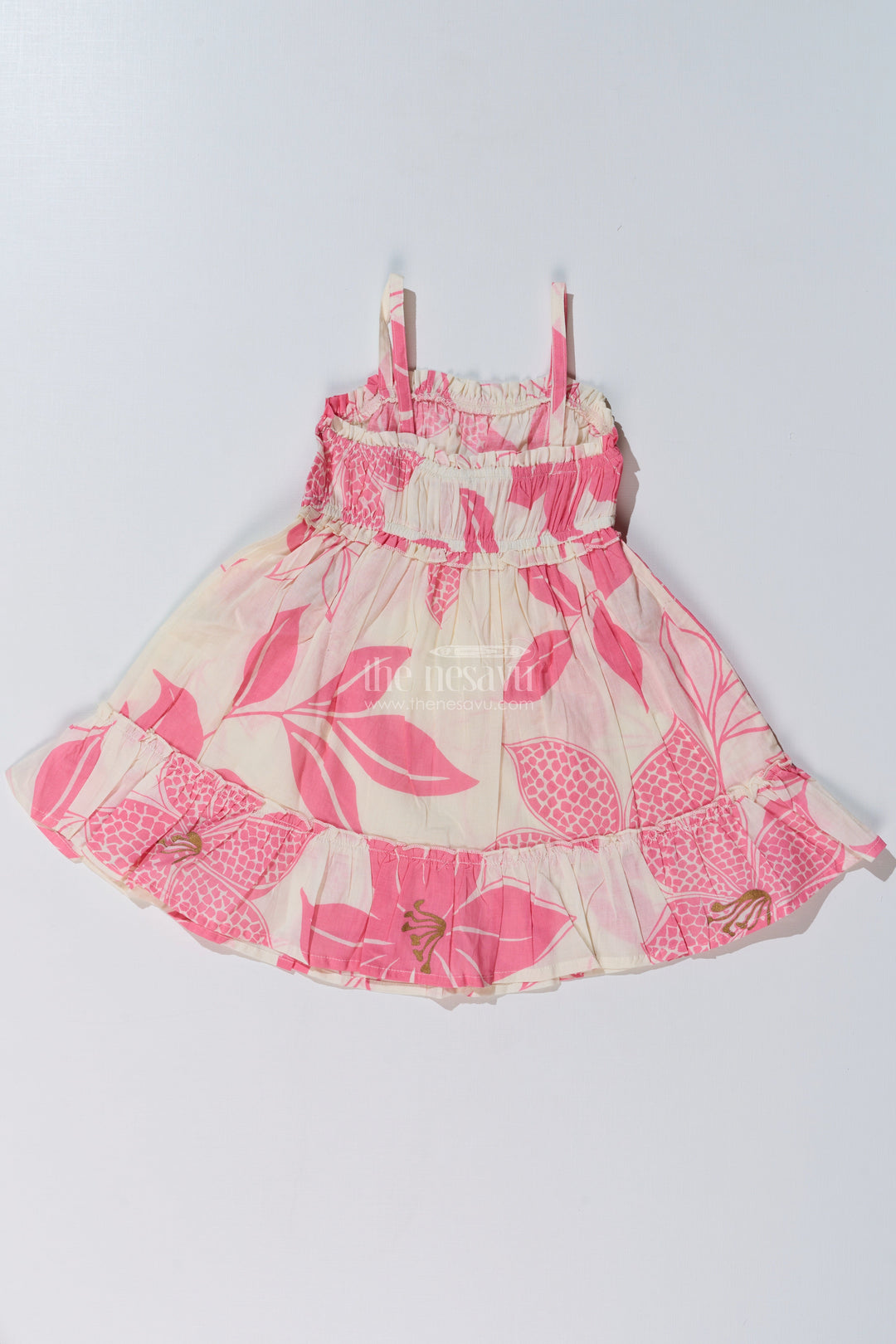 The Nesavu Girls Cotton Frock Girls Barbie Frock with Pink Floral Print and Smocked Bodice for a Stylish Summer Look Nesavu Nesavu Girls Barbie Frock Pink Floral Print Smocked Bodice Summer Outings