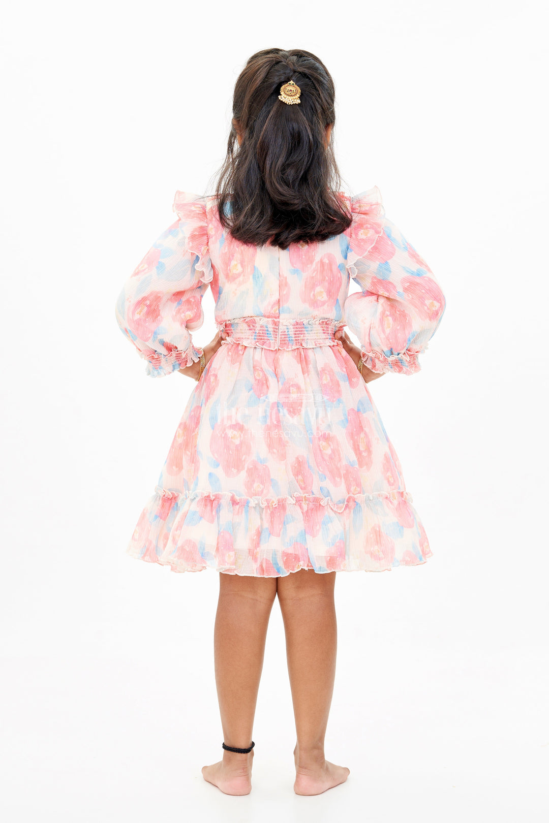The Nesavu Girls Fancy Frock Girls Beautiful Cotton Frock with Floral Printed Pleated Organza and Ruffle Details Nesavu Girls Floral Printed Beautiful Cotton Frock Ruffles Puff Sleeves | The Nesavu