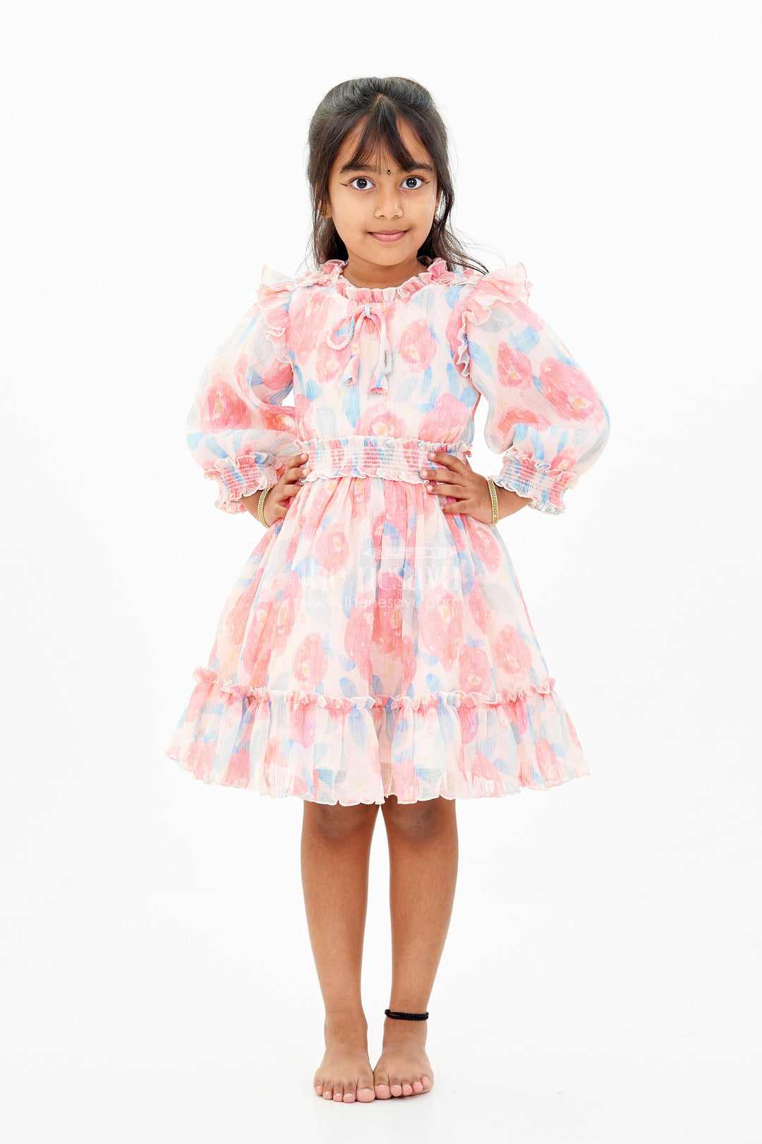 The Nesavu Girls Fancy Frock Girls Beautiful Cotton Frock with Floral Printed Pleated Organza and Ruffle Details Nesavu Girls Floral Printed Beautiful Cotton Frock Ruffles Puff Sleeves | The Nesavu