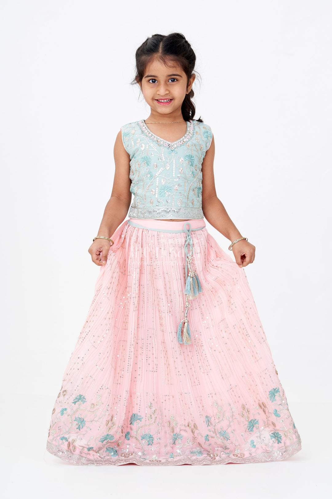 The Nesavu Girls Lehenga Choli Girls Beautiful Ghagra Choli with Embroidery and Sequin Detailing for Wedding Wear Nesavu 24 (5Y) / Peach GL597A-24 Girls Beautiful Ghagra Choli Designer Embroidery Sequins Wedding Wear | The Nesavu