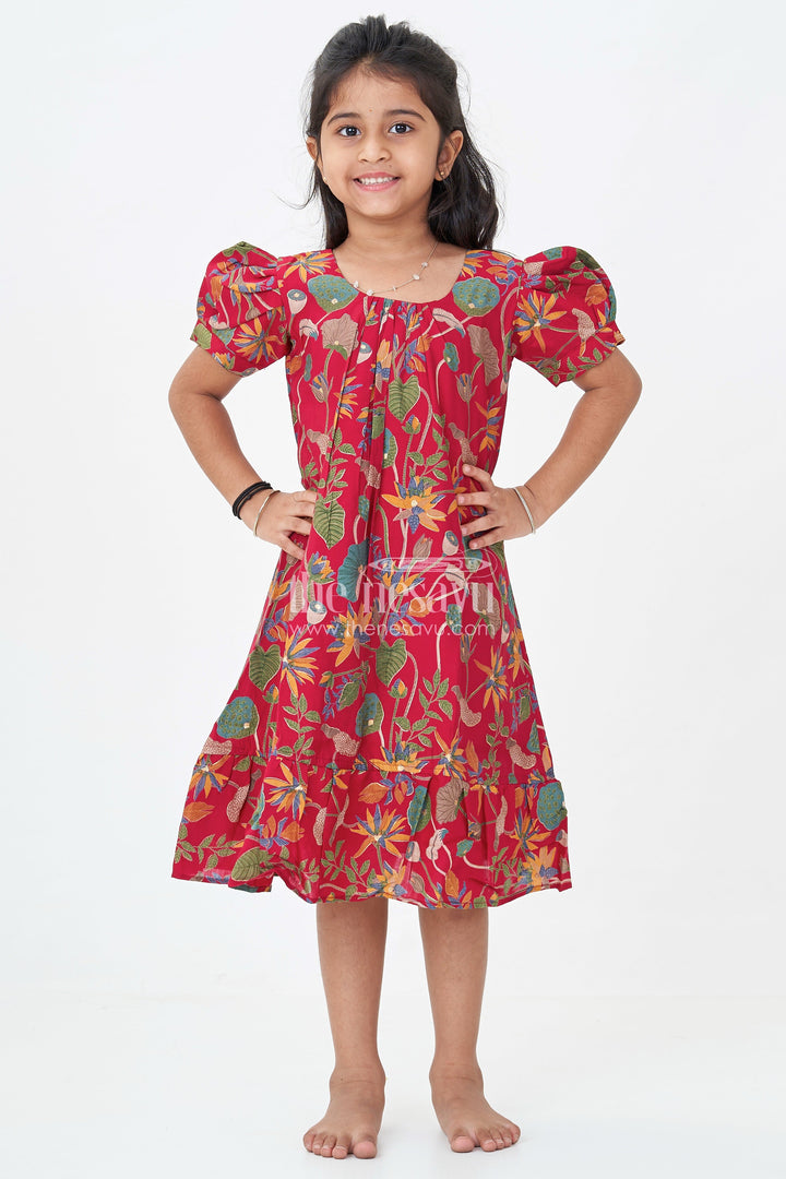 The Nesavu Girls Fancy Frock Girls Beautiful Party Frock in Red Modal Silk with Bold Floral Digital Print and Flared Hem Nesavu Nesavu Red Modal Silk Beautiful Party Frock Puff Sleeves Vibrant Floral Digital Print