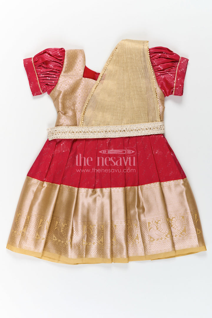 The Nesavu Girls Kanchi Silk Frock Girls Beige and Red Pattu Pavadai with Elegant Golden Border for Festive Wear Nesavu 14 (6M) / Beige / Style 1 SF825DA-14 Girls Beige Red Pattu Pavadai Elegant Golden Border Festive Celebrations | The Nesavu