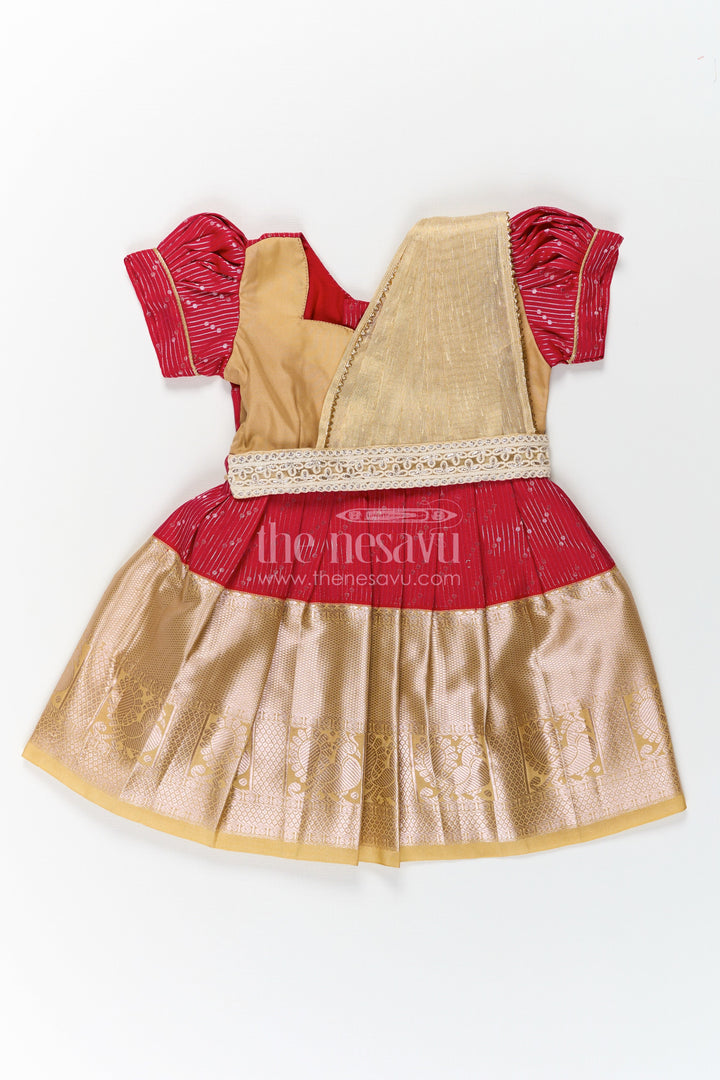 The Nesavu Girls Kanchi Silk Frock Girls Beige and Red Pattu Pavadai with Elegant Golden Border for Festive Wear Nesavu 14 (6M) / Beige / Style 3 SF825DC-14 Girls Beige Red Pattu Pavadai Elegant Golden Border Festive Celebrations | The Nesavu