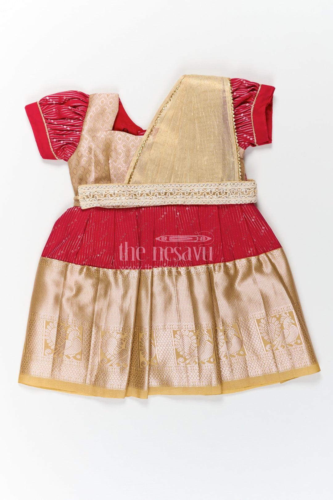 The Nesavu Girls Kanchi Silk Frock Girls Beige and Red Pattu Pavadai with Elegant Golden Border for Festive Wear Nesavu 14 (6M) / Beige / Style 4 SF825DD-14 Girls Beige Red Pattu Pavadai Elegant Golden Border Festive Celebrations | The Nesavu