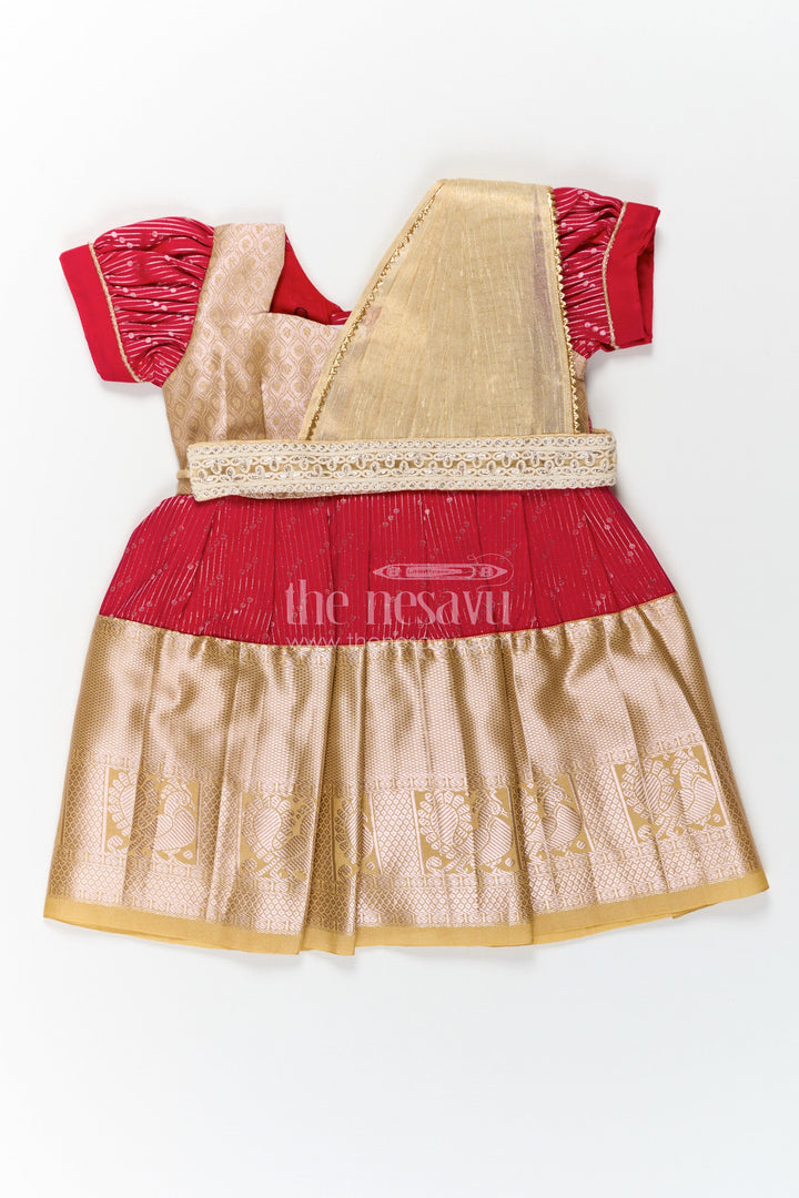 The Nesavu Girls Kanchi Silk Frock Girls Beige and Red Pattu Pavadai with Elegant Golden Border for Festive Wear Nesavu 14 (6M) / Beige / Style 4 SF825DD-14 Girls Beige Red Pattu Pavadai Elegant Golden Border Festive Celebrations | The Nesavu