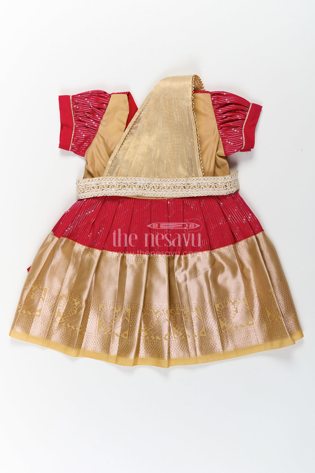 The Nesavu Girls Kanchi Silk Frock Girls Beige and Red Pattu Pavadai with Elegant Golden Border for Festive Wear Nesavu 14 (6M) / Beige / Style 5 SF825DE-14 Girls Beige Red Pattu Pavadai Elegant Golden Border Festive Celebrations | The Nesavu