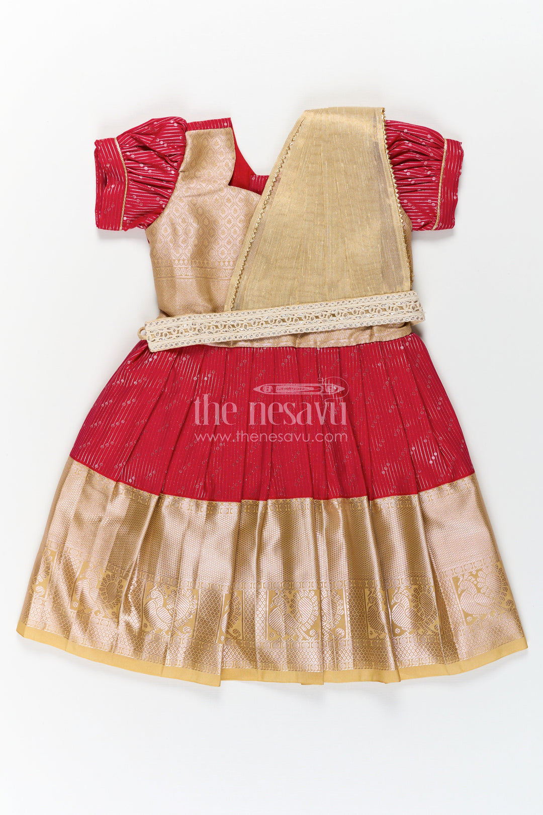 The Nesavu Girls Kanchi Silk Frock Girls Beige and Red Pattu Pavadai with Elegant Golden Border for Festive Wear Nesavu 16 (1Y) / Beige / Style 2 SF825DB-16 Girls Beige Red Pattu Pavadai Elegant Golden Border Festive Celebrations | The Nesavu