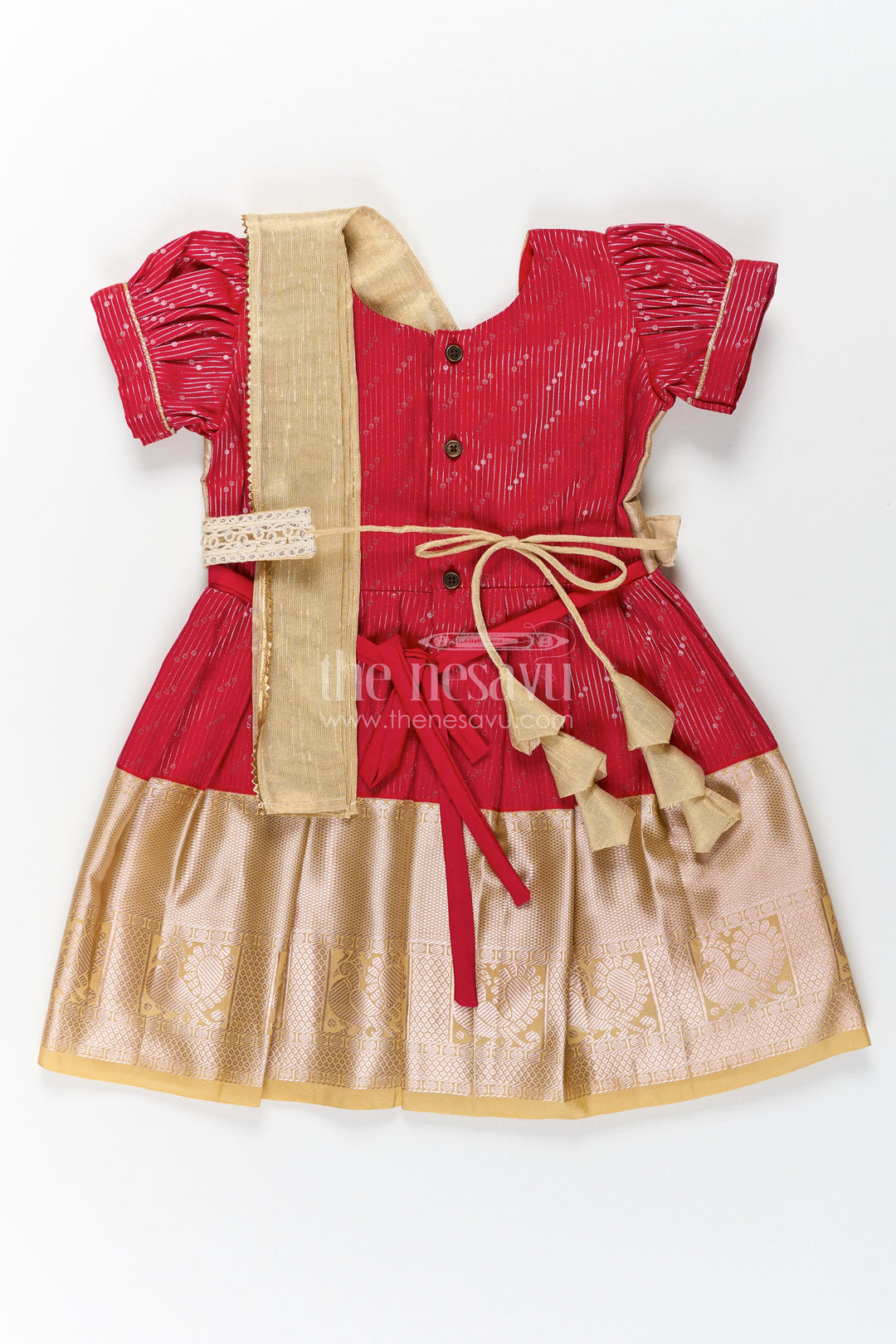 The Nesavu Girls Kanchi Silk Frock Girls Beige and Red Pattu Pavadai with Elegant Golden Border for Festive Wear Nesavu Girls Beige Red Pattu Pavadai Elegant Golden Border Festive Celebrations | The Nesavu