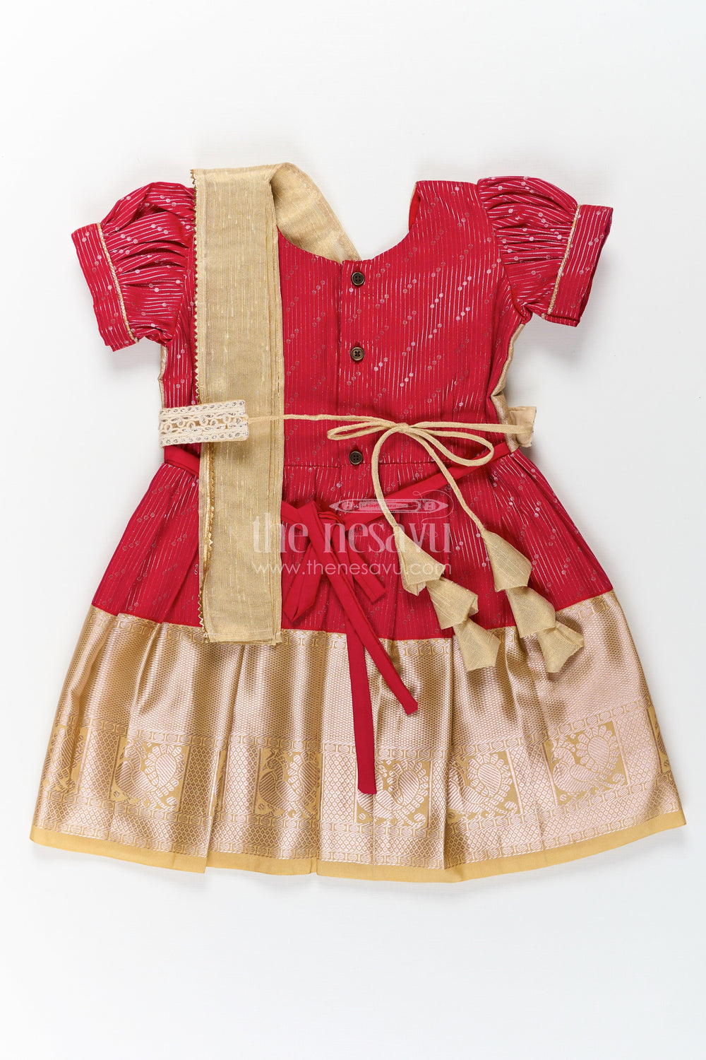 The Nesavu Girls Kanchi Silk Frock Girls Beige and Red Pattu Pavadai with Elegant Golden Border for Festive Wear Nesavu Nesavu Girls Beige Red Pattu Pavadai Elegant Golden Border Festive Celebrations