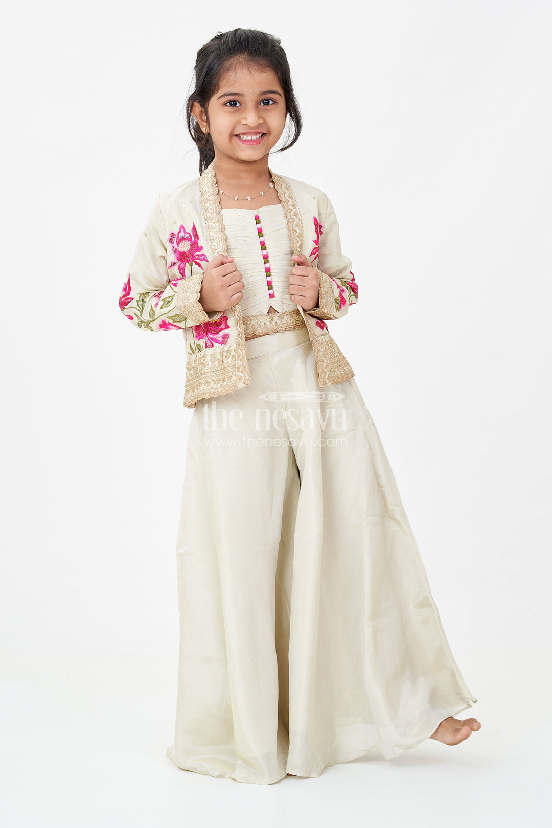 The Nesavu Girls Sharara / Plazo Set Girls Beige Dress Party Dress Set with Floral Designer Jacket and Flowing Palazzo Pants Nesavu 22 (4Y) / Cream GPS618A-22 Girls Beige Party Dress Set Floral Embroidered Jacket Palazzo Pants | The Nesavu