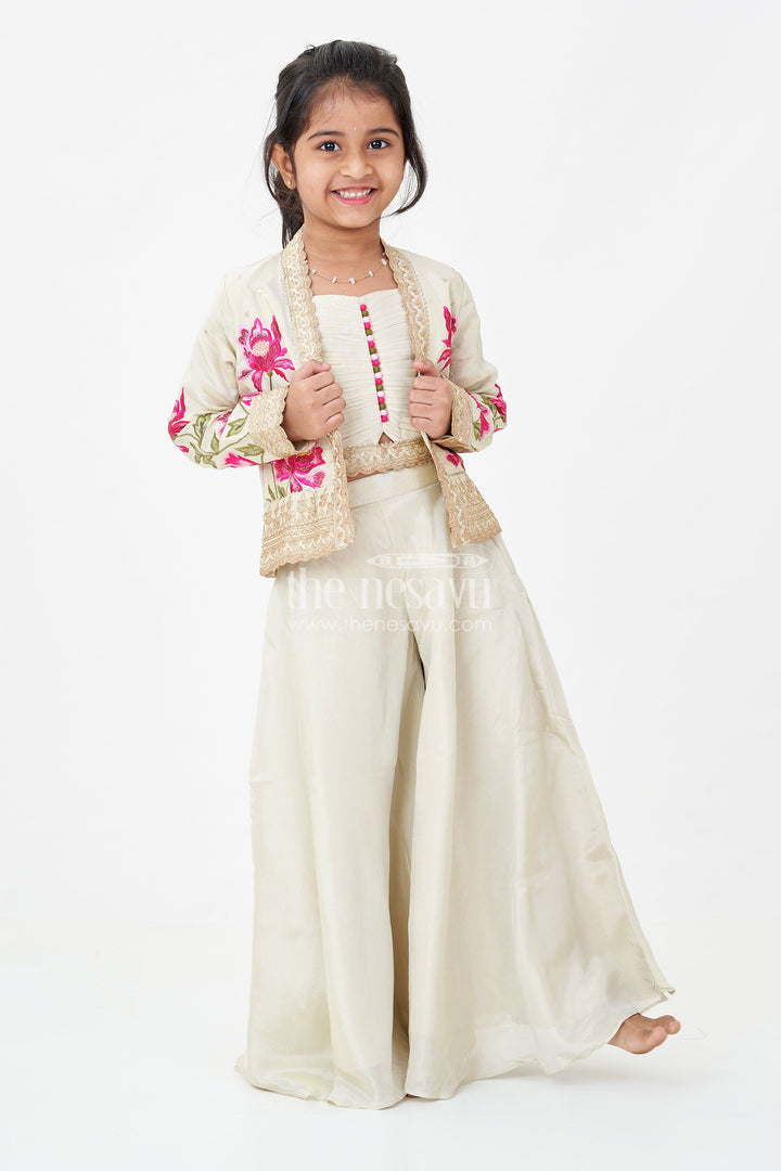 The Nesavu Girls Sharara / Plazo Set Girls Beige Dress Party Dress Set with Floral Designer Jacket and Flowing Palazzo Pants Nesavu 22 (4Y) / Cream GPS618A-22 Girls Beige Party Dress Set Floral Embroidered Jacket Palazzo Pants | The Nesavu