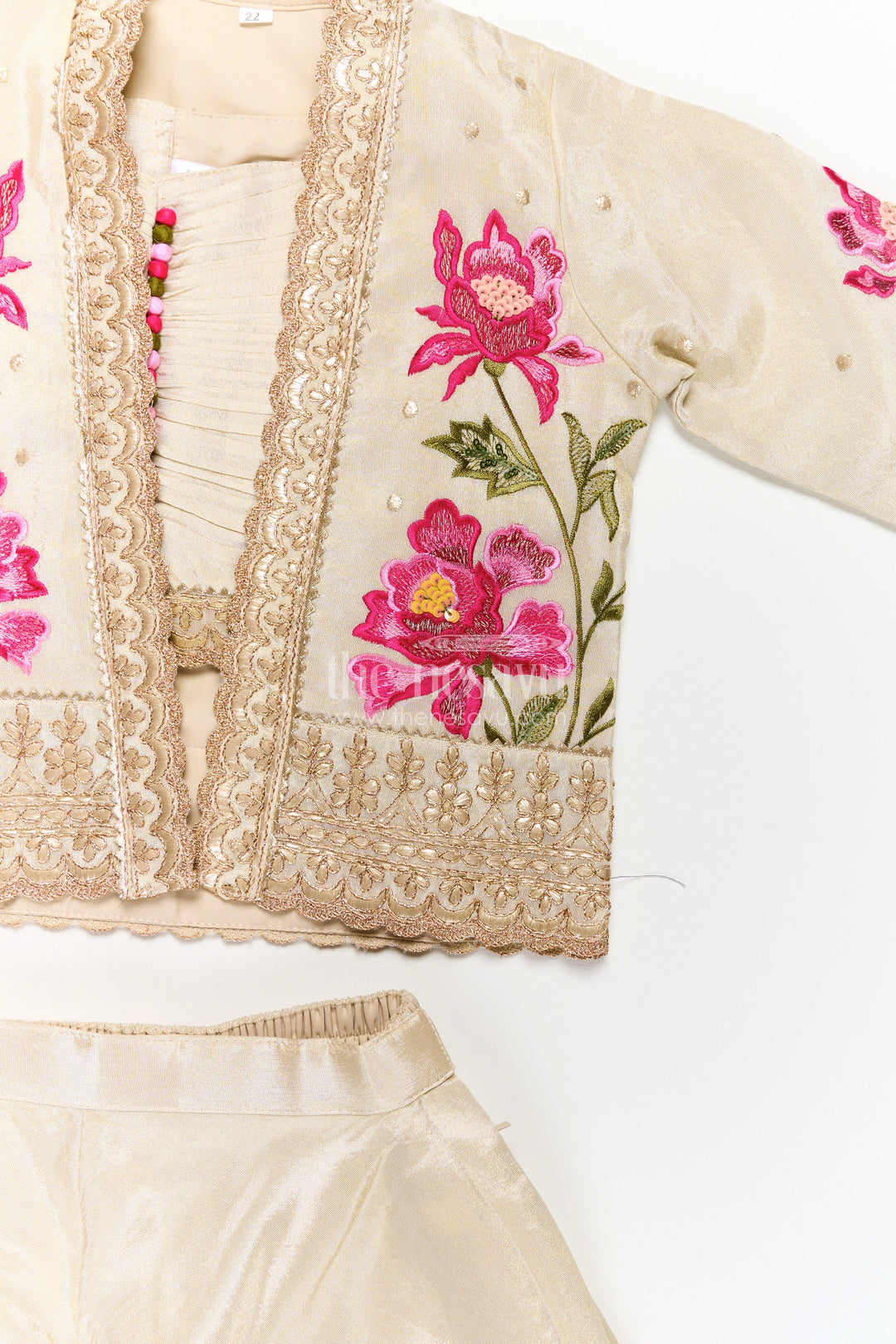 The Nesavu Girls Sharara / Plazo Set Girls Beige Dress Party Dress Set with Floral Designer Jacket and Flowing Palazzo Pants Nesavu Girls Beige Party Dress Set Floral Embroidered Jacket Palazzo Pants | The Nesavu