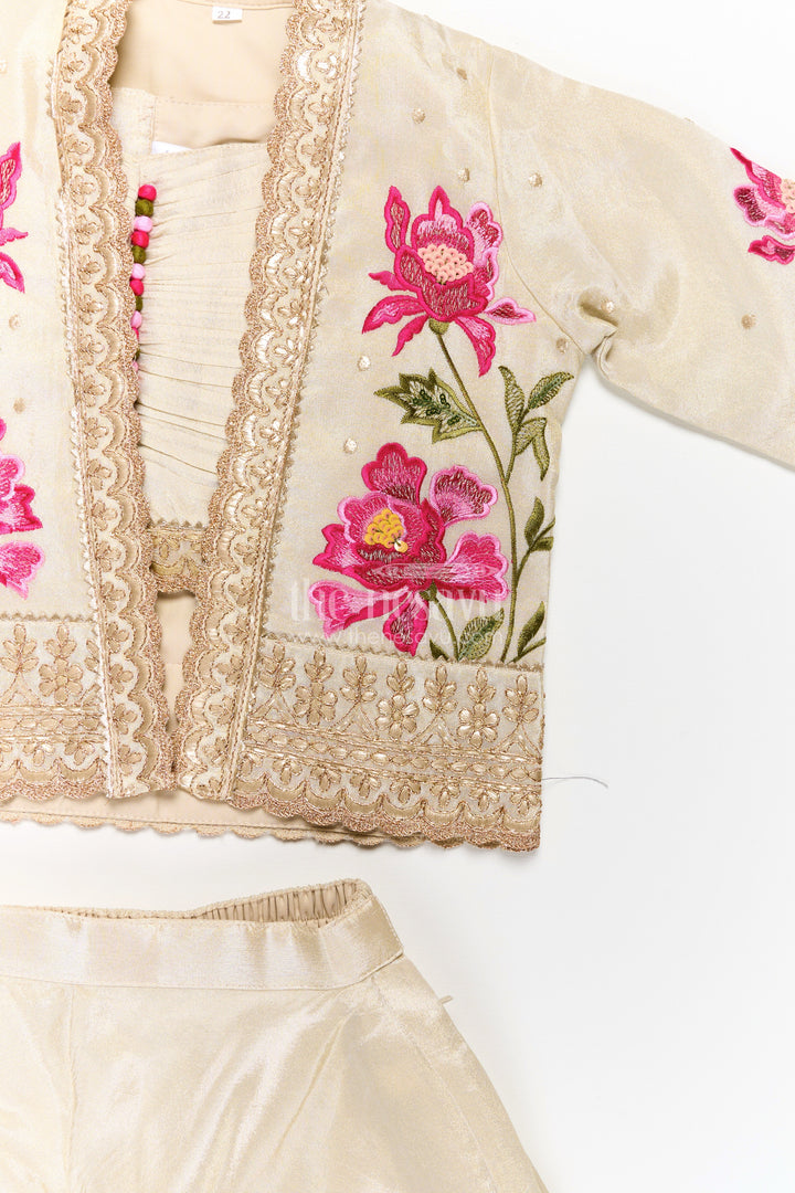 The Nesavu Girls Sharara / Plazo Set Girls Beige Dress Party Dress Set with Floral Designer Jacket and Flowing Palazzo Pants Nesavu Girls Beige Party Dress Set Floral Embroidered Jacket Palazzo Pants | The Nesavu