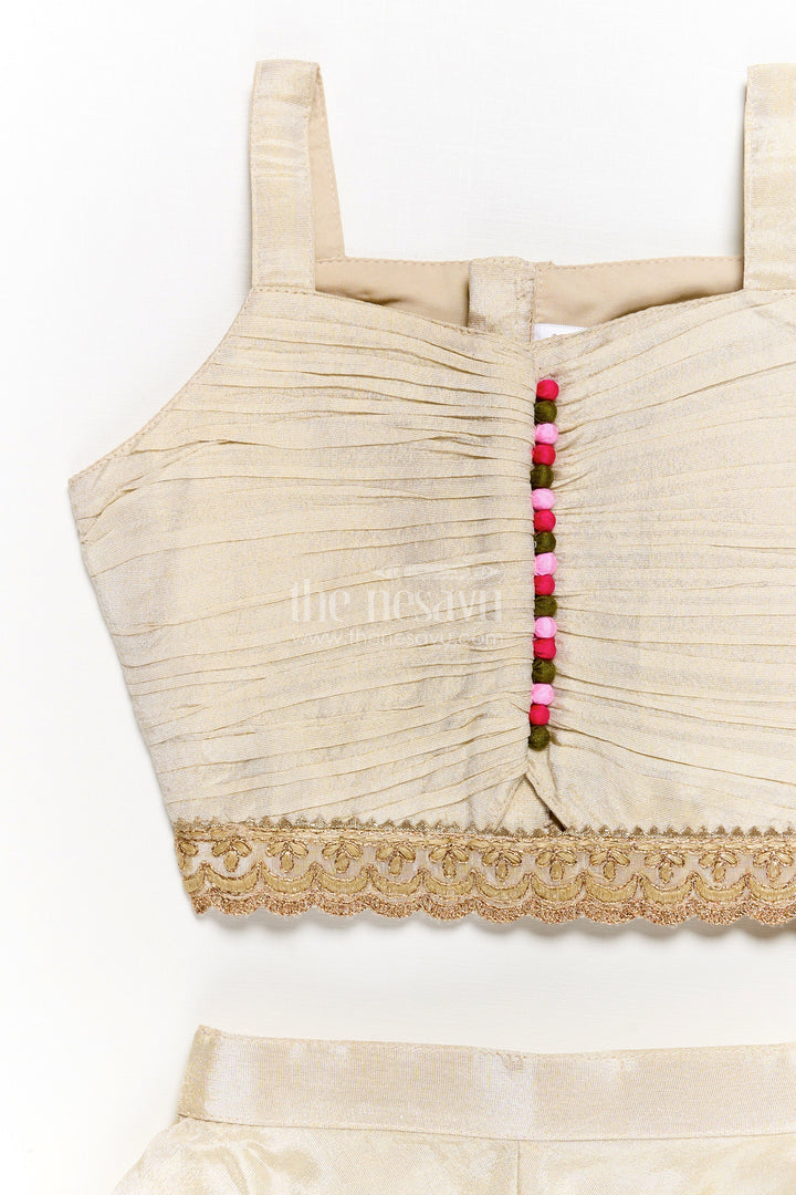 The Nesavu Girls Sharara / Plazo Set Girls Beige Dress Party Dress Set with Floral Designer Jacket and Flowing Palazzo Pants Nesavu Girls Beige Party Dress Set Floral Embroidered Jacket Palazzo Pants | The Nesavu