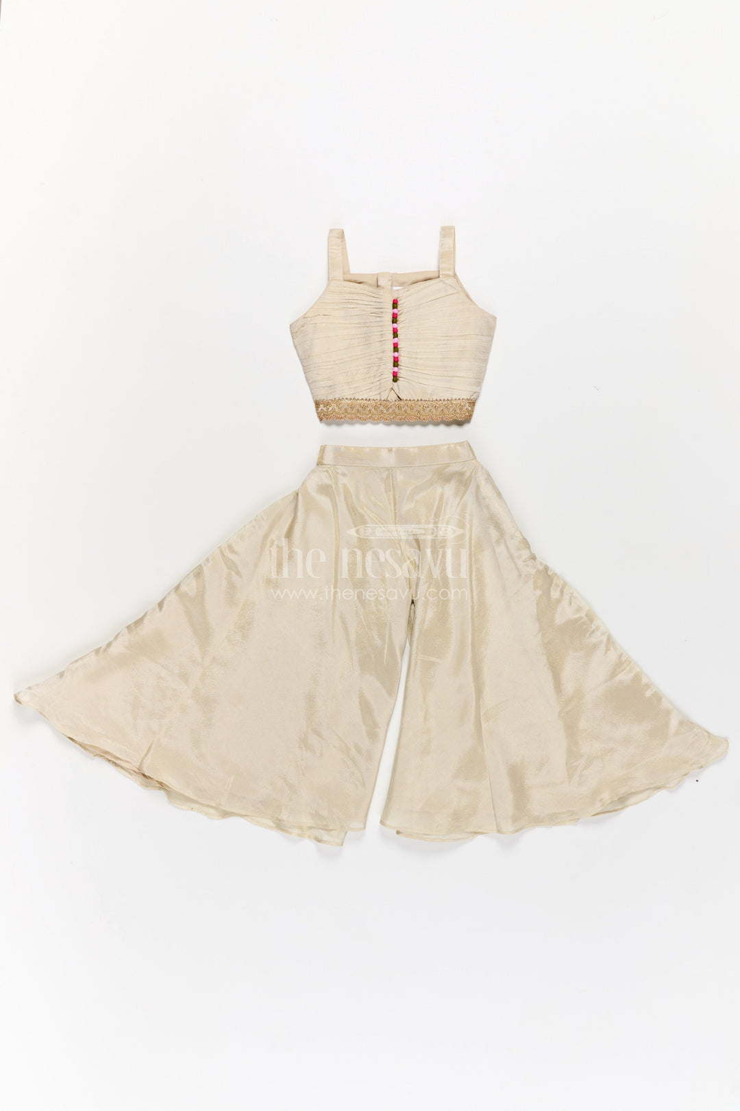 The Nesavu Girls Sharara / Plazo Set Girls Beige Dress Party Dress Set with Floral Designer Jacket and Flowing Palazzo Pants Nesavu Girls Beige Party Dress Set Floral Embroidered Jacket Palazzo Pants | The Nesavu