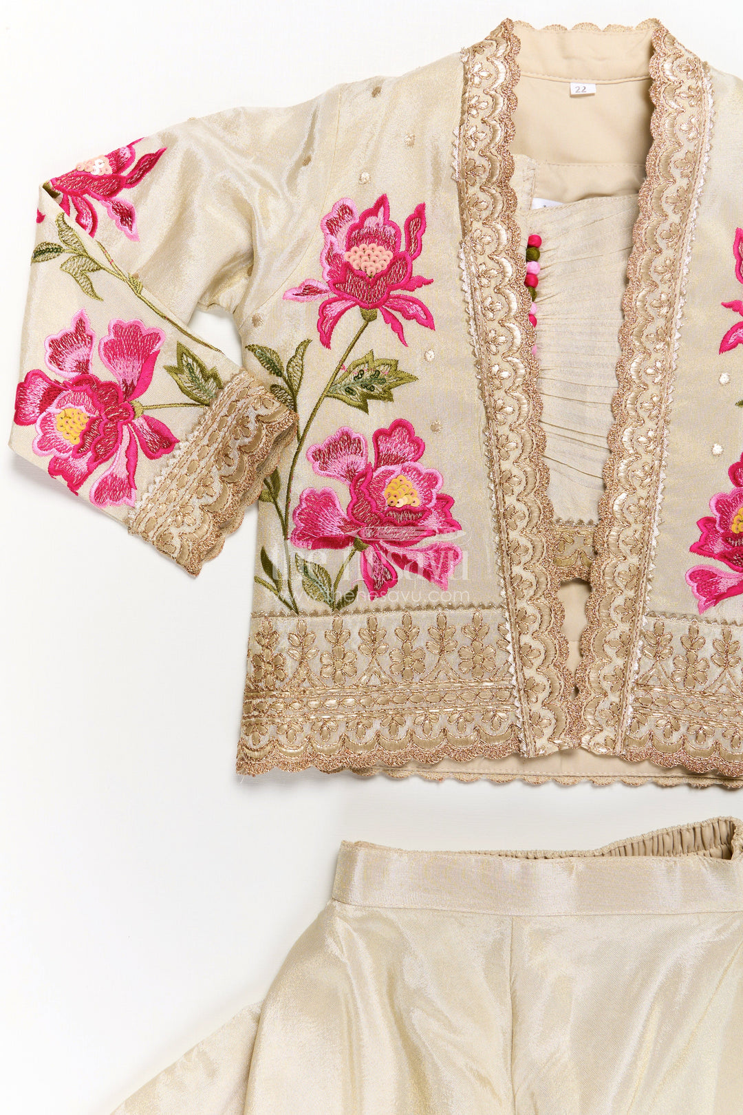 The Nesavu Girls Sharara / Plazo Set Girls Beige Dress Party Dress Set with Floral Designer Jacket and Flowing Palazzo Pants Nesavu Girls Beige Party Dress Set Floral Embroidered Jacket Palazzo Pants | The Nesavu