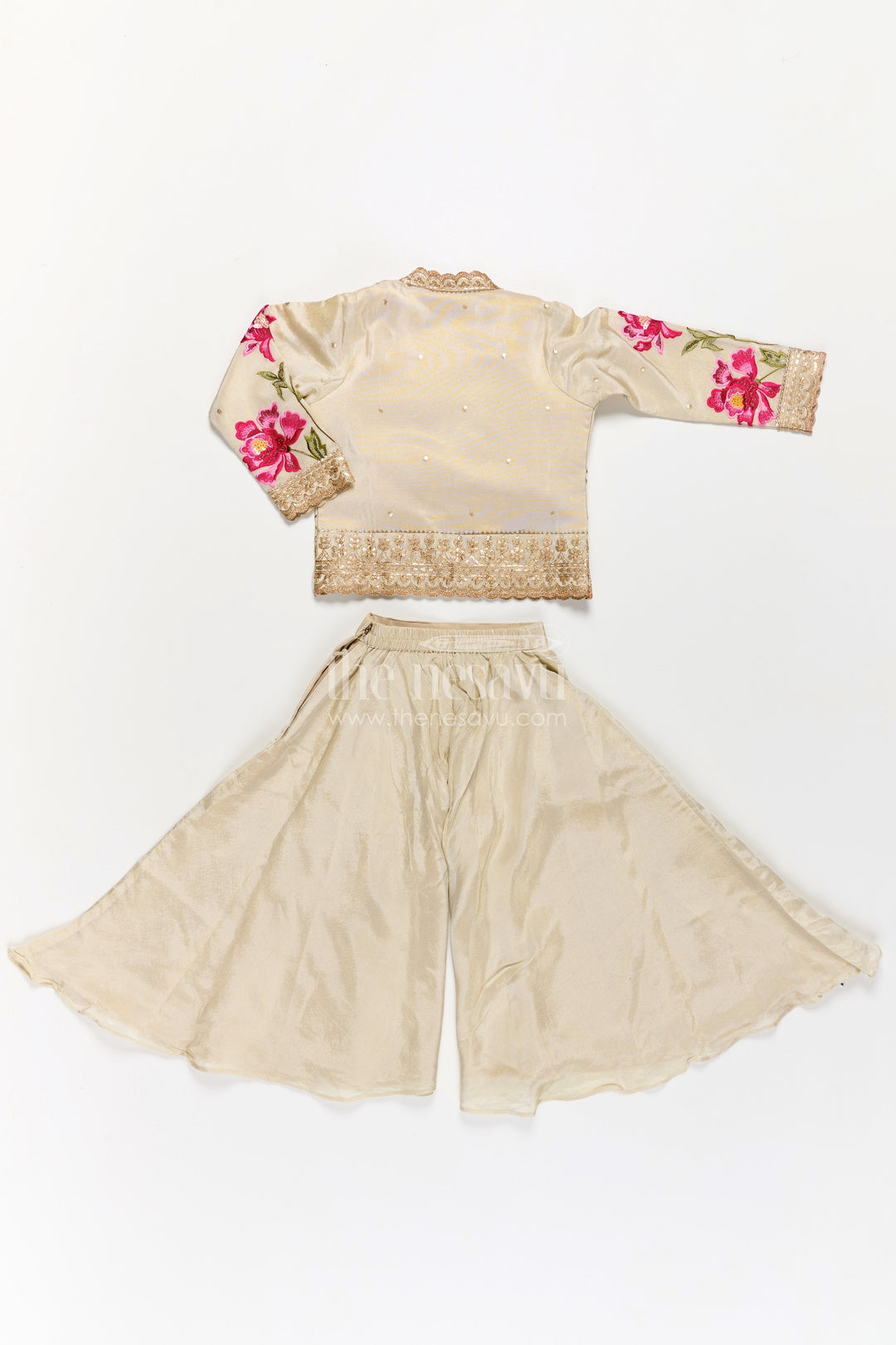 The Nesavu Girls Sharara / Plazo Set Girls Beige Dress Party Dress Set with Floral Designer Jacket and Flowing Palazzo Pants Nesavu Girls Beige Party Dress Set Floral Embroidered Jacket Palazzo Pants | The Nesavu