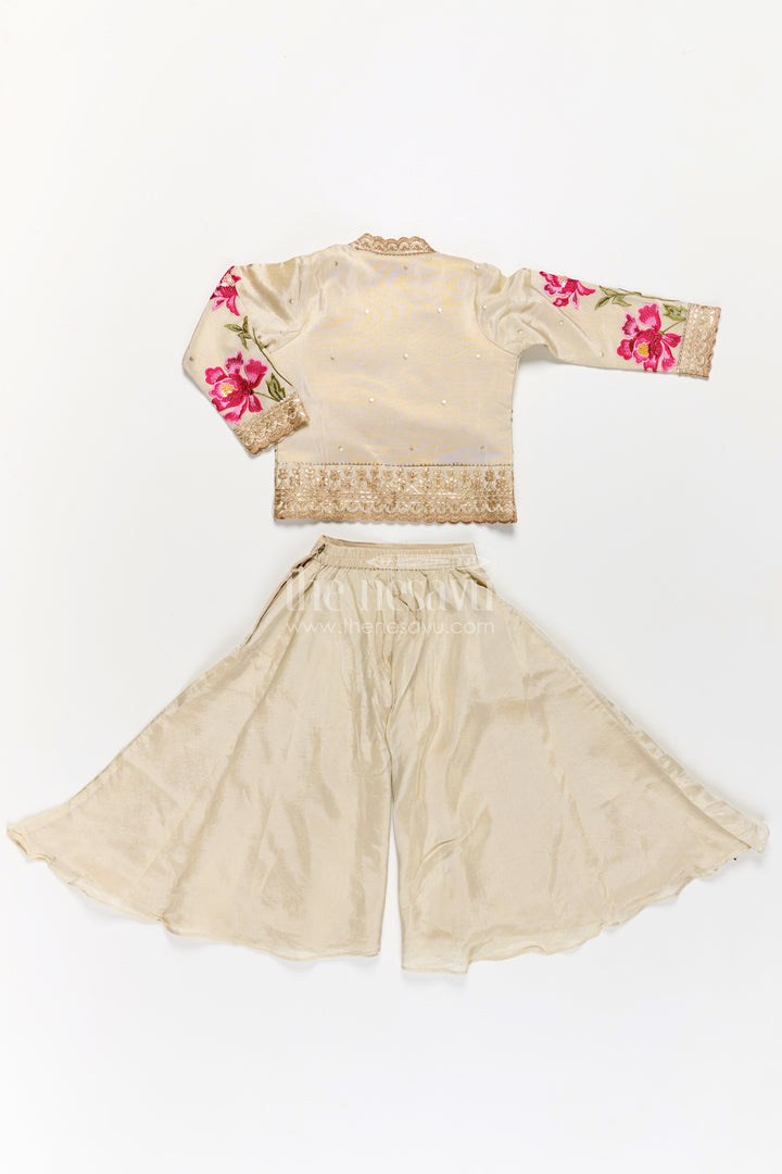 The Nesavu Girls Sharara / Plazo Set Girls Beige Dress Party Dress Set with Floral Designer Jacket and Flowing Palazzo Pants Nesavu Girls Beige Party Dress Set Floral Embroidered Jacket Palazzo Pants | The Nesavu