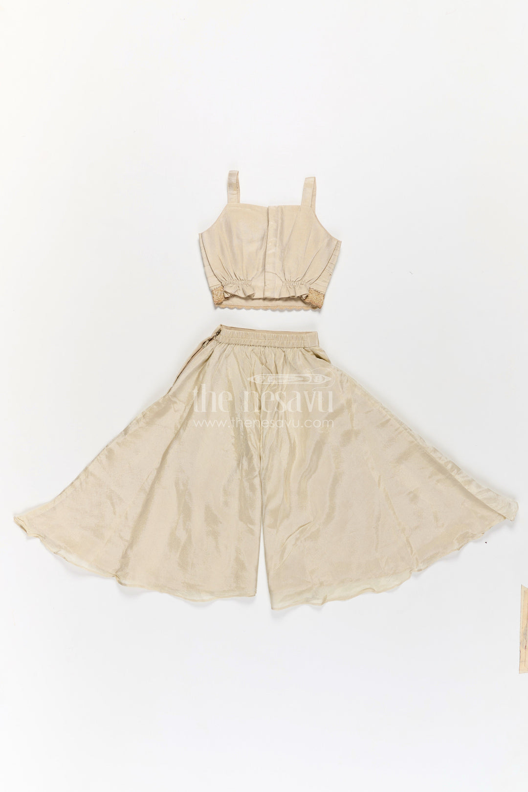 The Nesavu Girls Sharara / Plazo Set Girls Beige Dress Party Dress Set with Floral Designer Jacket and Flowing Palazzo Pants Nesavu Girls Beige Party Dress Set Floral Embroidered Jacket Palazzo Pants | The Nesavu