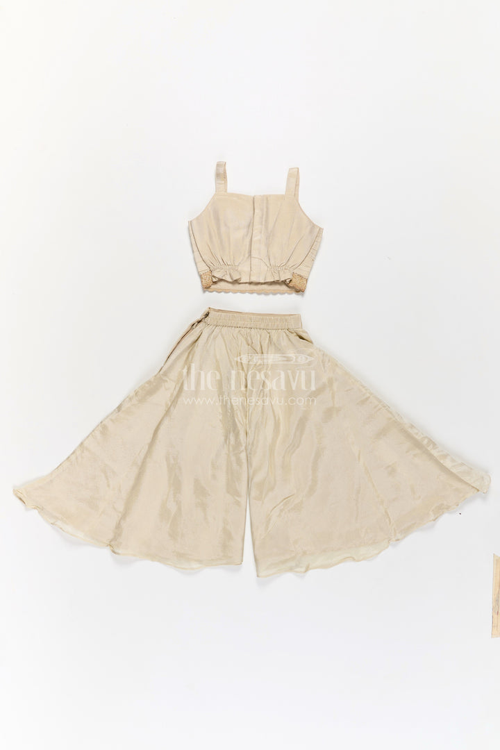 The Nesavu Girls Sharara / Plazo Set Girls Beige Dress Party Dress Set with Floral Designer Jacket and Flowing Palazzo Pants Nesavu Girls Beige Party Dress Set Floral Embroidered Jacket Palazzo Pants | The Nesavu