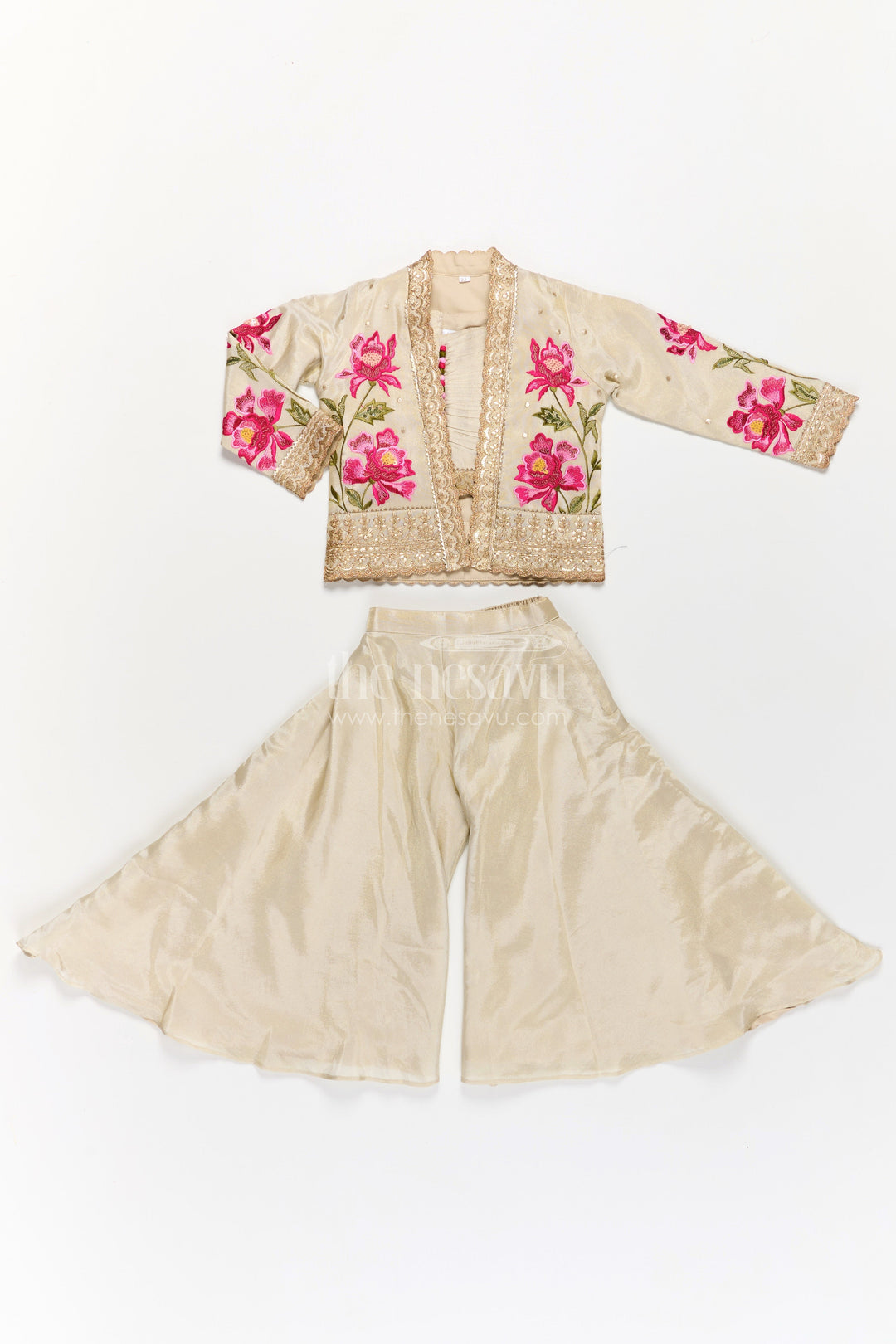 The Nesavu Girls Sharara / Plazo Set Girls Beige Dress Party Dress Set with Floral Designer Jacket and Flowing Palazzo Pants Nesavu Girls Beige Party Dress Set Floral Embroidered Jacket Palazzo Pants | The Nesavu