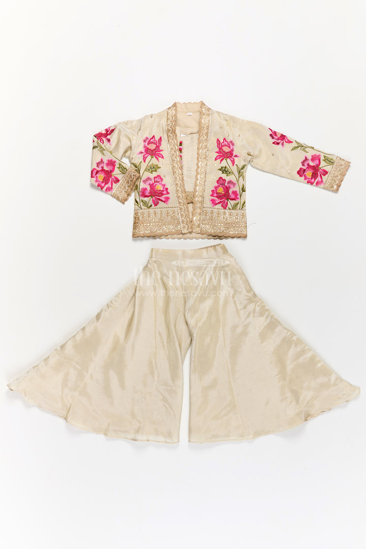 The Nesavu Girls Sharara / Plazo Set Girls Beige Dress Party Dress Set with Floral Designer Jacket and Flowing Palazzo Pants Nesavu Girls Beige Party Dress Set Floral Embroidered Jacket Palazzo Pants | The Nesavu
