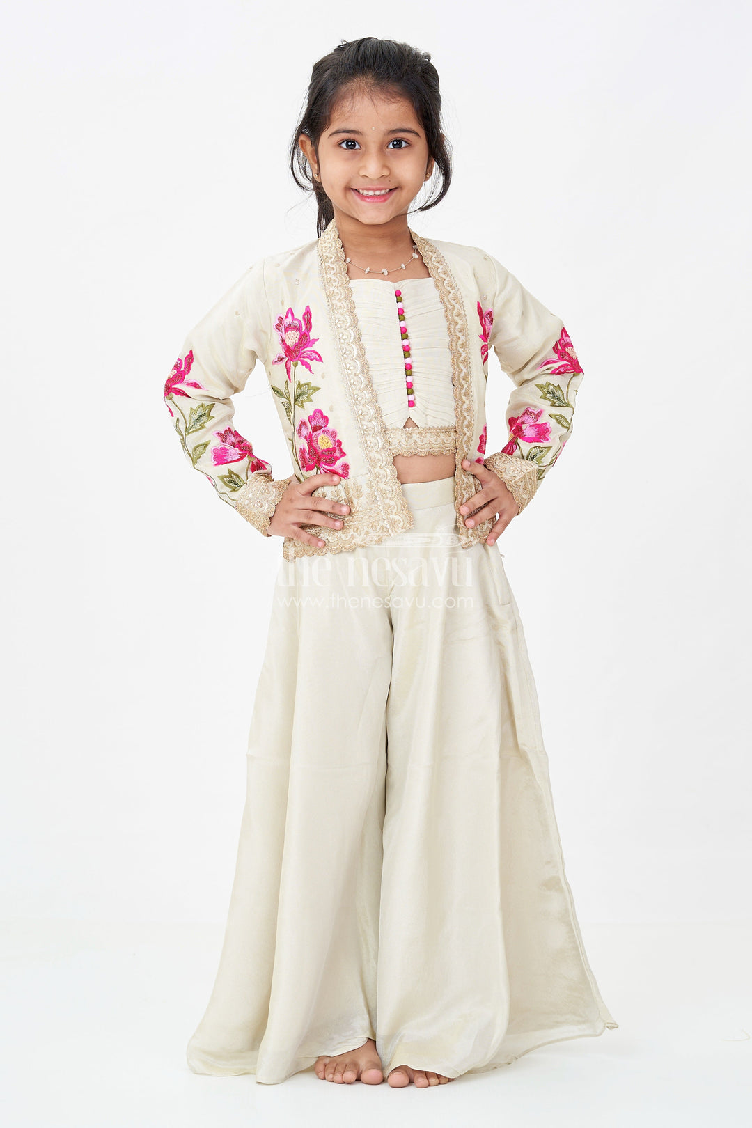 The Nesavu Girls Sharara / Plazo Set Girls Beige Dress Party Dress Set with Floral Designer Jacket and Flowing Palazzo Pants Nesavu Girls Beige Party Dress Set Floral Embroidered Jacket Palazzo Pants | The Nesavu