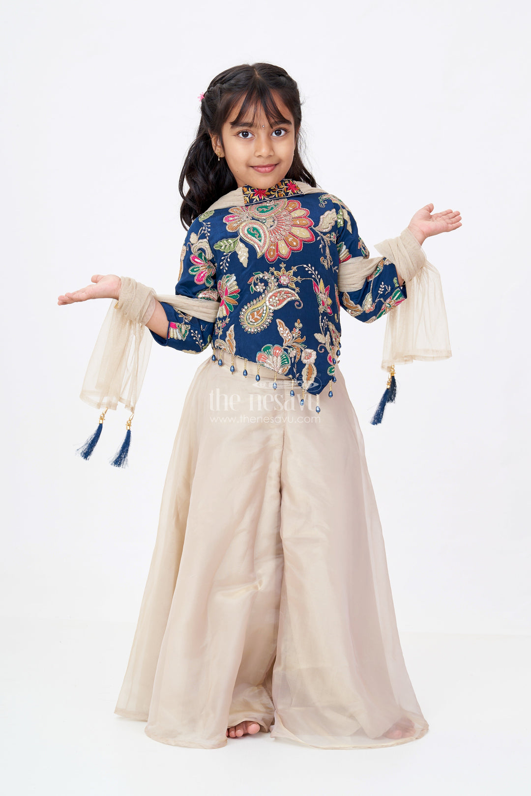 The Nesavu Girls Sharara / Plazo Set Girls Beige Jumpsuit Womens Style in Organza with Designer Embroidery and Half Sleeve Top Nesavu 24 (5Y) / Blue GPS565A-24 Girls Beige Jumpsuit Womens Ethnic Style Embroidered Navy Top Organza | The Nesavu