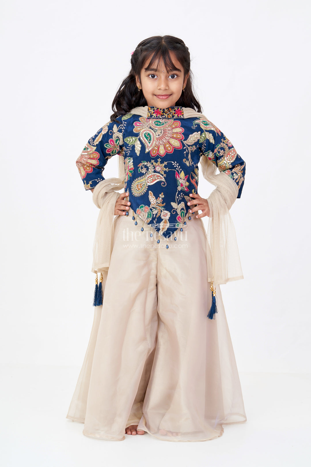 The Nesavu Girls Sharara / Plazo Set Girls Beige Jumpsuit Womens Style in Organza with Designer Embroidery and Half Sleeve Top Nesavu Girls Beige Jumpsuit Womens Ethnic Style Embroidered Navy Top Organza | The Nesavu