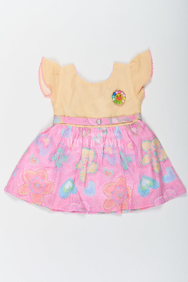 The Nesavu Girls Cotton Frock Girls Belt Frock with Green Cotton Bodice and Pink Hakoba Embroidered Heart Print Skirt Nesavu 14 (6M) / Green BFJ764C-14 Girls Cotton Belt Frock Green Bodice Pink Hakoba Embroidered Floral Heart Print Skirt | The Nesavu