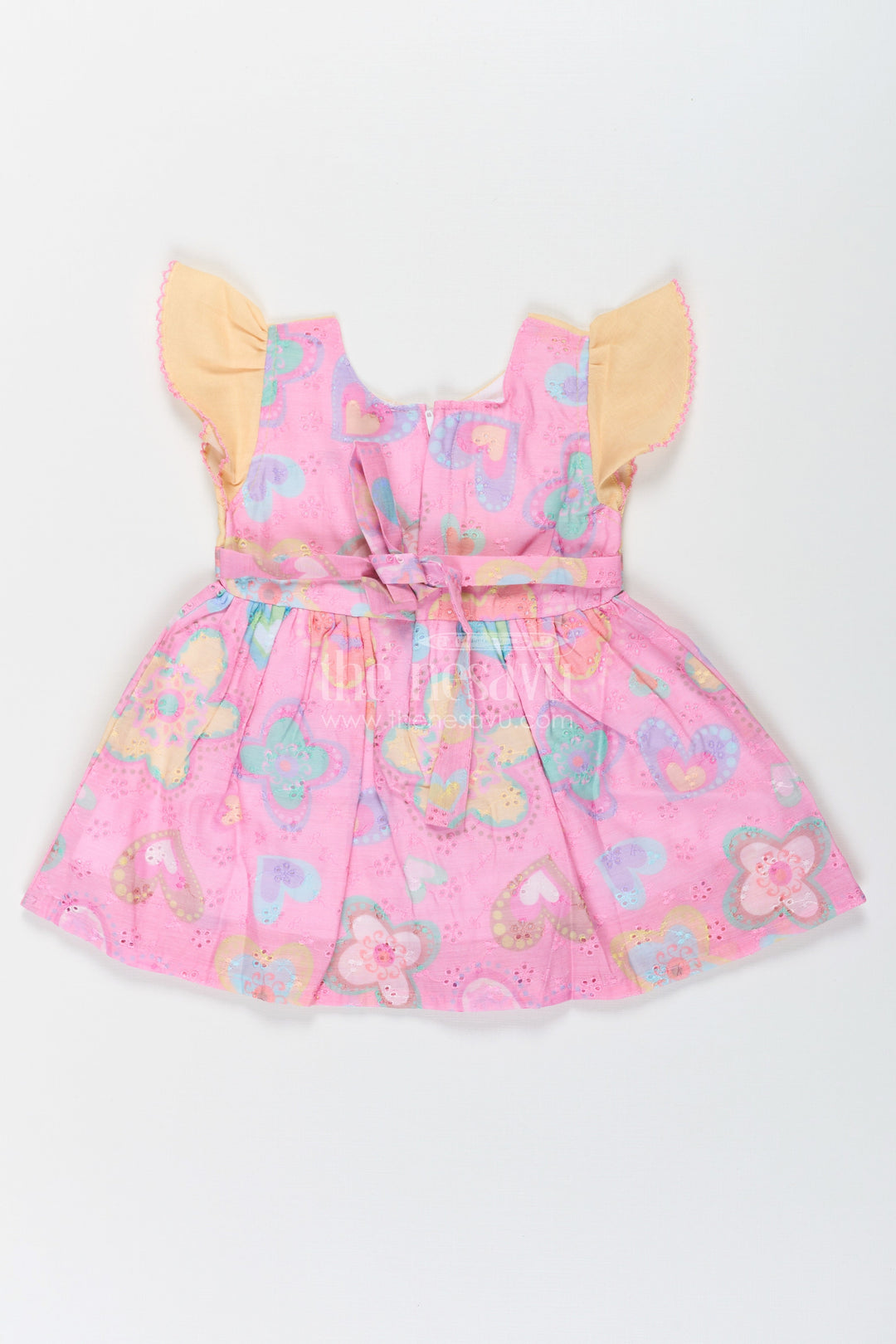 The Nesavu Girls Cotton Frock Girls Belt Frock with Green Cotton Bodice and Pink Hakoba Embroidered Heart Print Skirt Nesavu Girls Cotton Belt Frock Green Bodice Pink Hakoba Embroidered Floral Heart Print Skirt | The Nesavu
