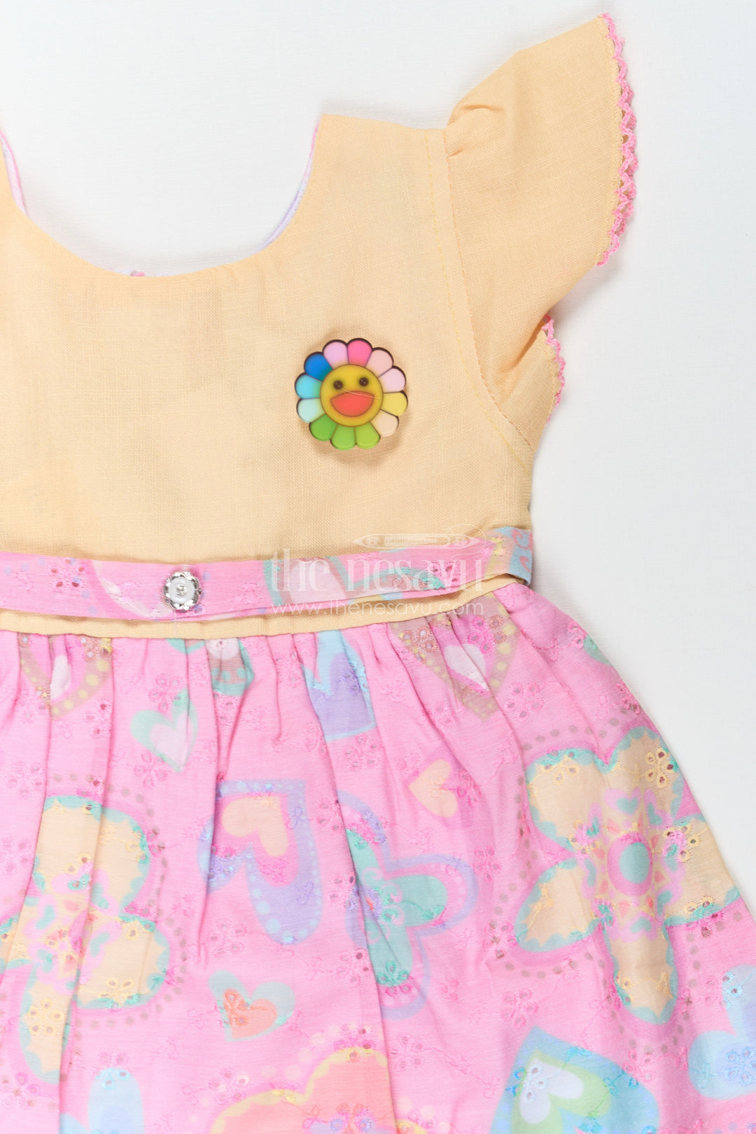 The Nesavu Girls Cotton Frock Girls Belt Frock with Green Cotton Bodice and Pink Hakoba Embroidered Heart Print Skirt Nesavu Girls Cotton Belt Frock Green Bodice Pink Hakoba Embroidered Floral Heart Print Skirt | The Nesavu