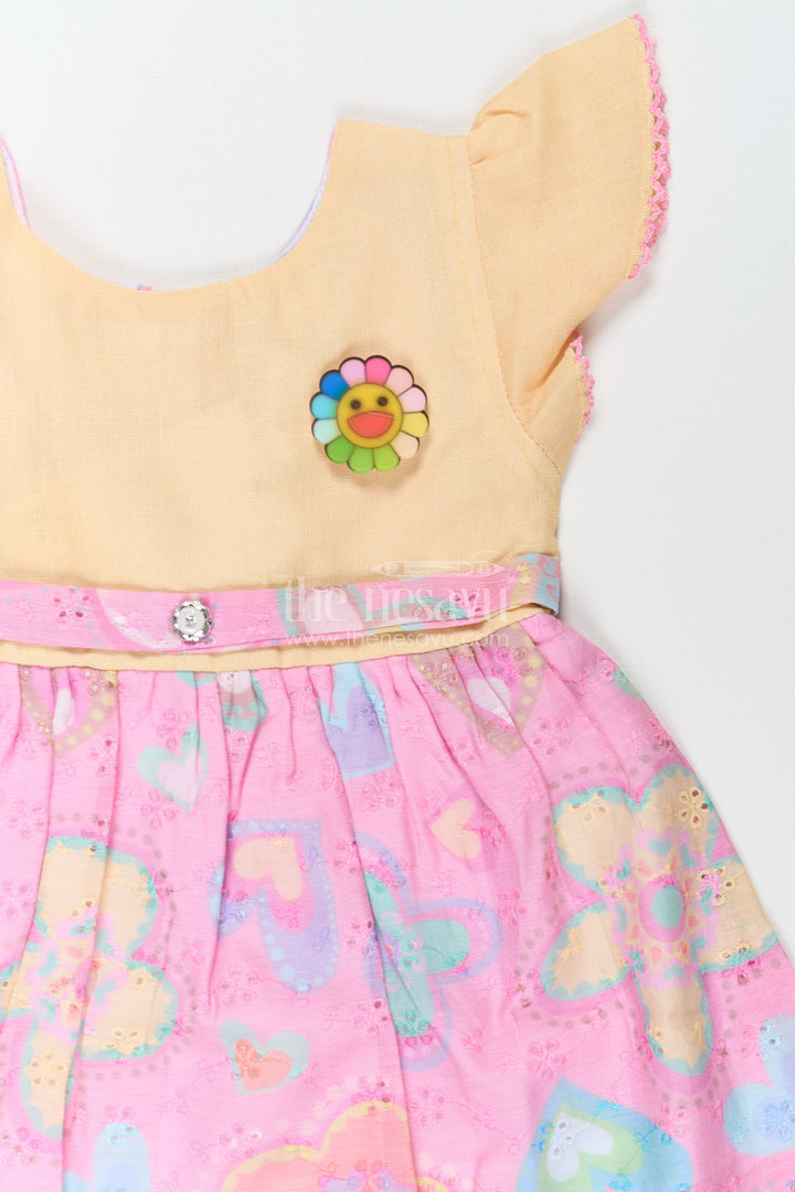 The Nesavu Girls Cotton Frock Girls Belt Frock with Green Cotton Bodice and Pink Hakoba Embroidered Heart Print Skirt Nesavu Nesavu Girls Cotton Belt Frock Green Bodice Pink Hakoba Embroidered Floral Heart Print Skirt