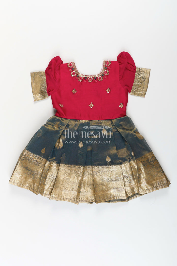 The Nesavu Silk Party Frock Girls Birthday Frock in Blend Silk with Pleated Tissue Skirt and Embroidered Neck for Traditional Elegance Nesavu 16 (1Y) / Red SF988B-16 Girls Embroidered Silk Birthday Frock Gold Zari Pleated Skirt Elegant Sleeves | The Nesavu