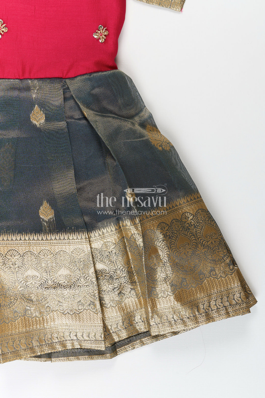 The Nesavu Silk Party Frock Girls Birthday Frock in Blend Silk with Pleated Tissue Skirt and Embroidered Neck for Traditional Elegance Nesavu Girls Embroidered Silk Birthday Frock Gold Zari Pleated Skirt Elegant Sleeves | The Nesavu