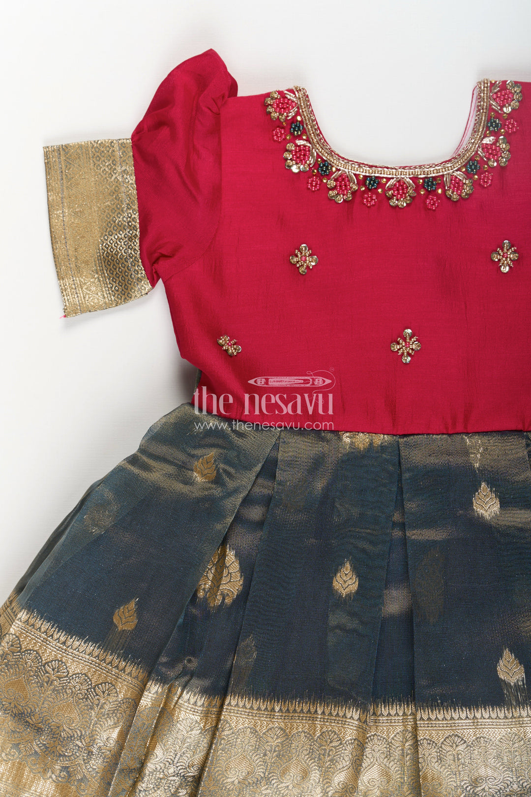 The Nesavu Silk Party Frock Girls Birthday Frock in Blend Silk with Pleated Tissue Skirt and Embroidered Neck for Traditional Elegance Nesavu Girls Embroidered Silk Birthday Frock Gold Zari Pleated Skirt Elegant Sleeves | The Nesavu