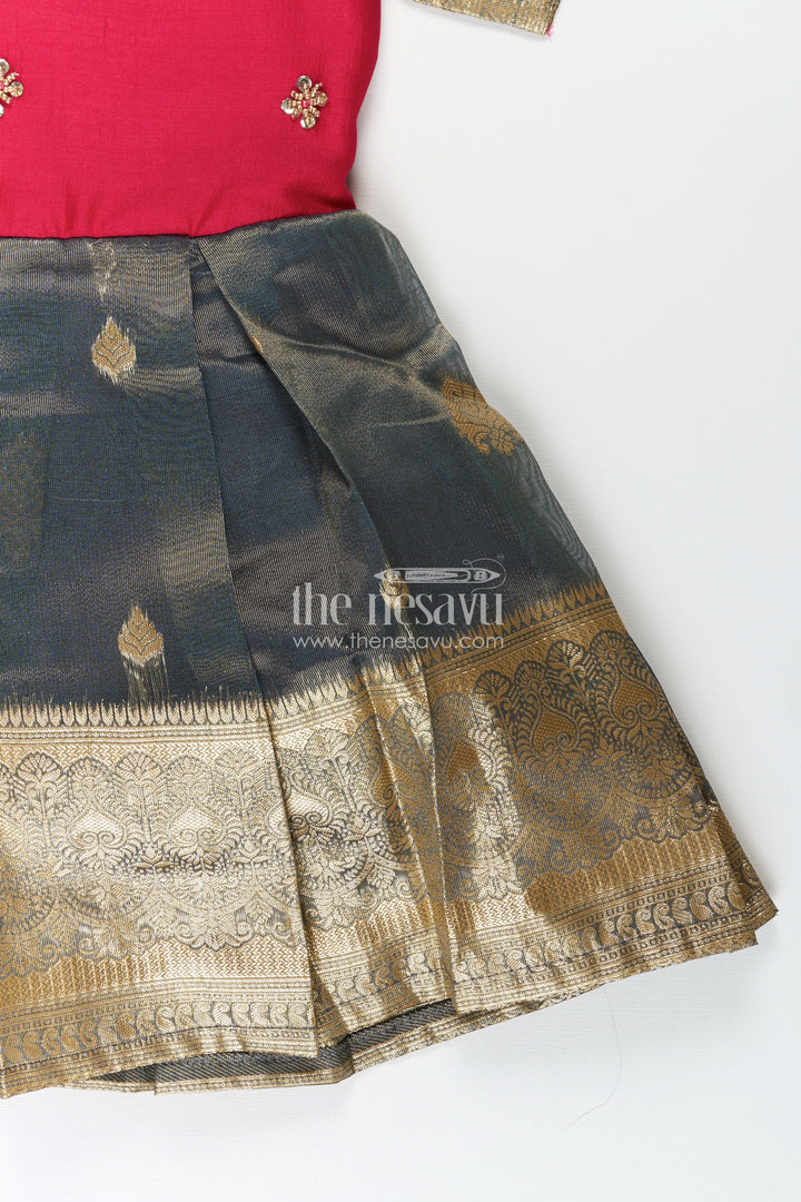 The Nesavu Silk Party Frock Girls Birthday Frock in Blend Silk with Pleated Tissue Skirt and Embroidered Neck for Traditional Elegance Nesavu Girls Embroidered Silk Birthday Frock Gold Zari Pleated Skirt Elegant Sleeves | The Nesavu