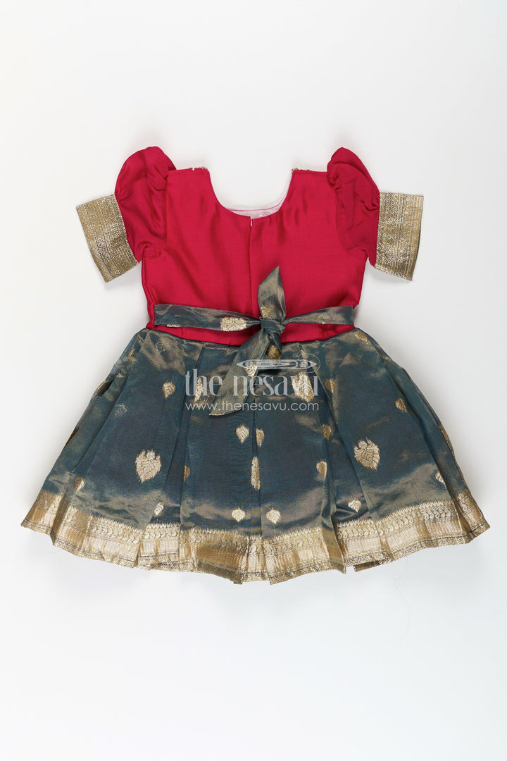 The Nesavu Silk Party Frock Girls Birthday Frock in Blend Silk with Pleated Tissue Skirt and Embroidered Neck for Traditional Elegance Nesavu Girls Embroidered Silk Birthday Frock Gold Zari Pleated Skirt Elegant Sleeves | The Nesavu