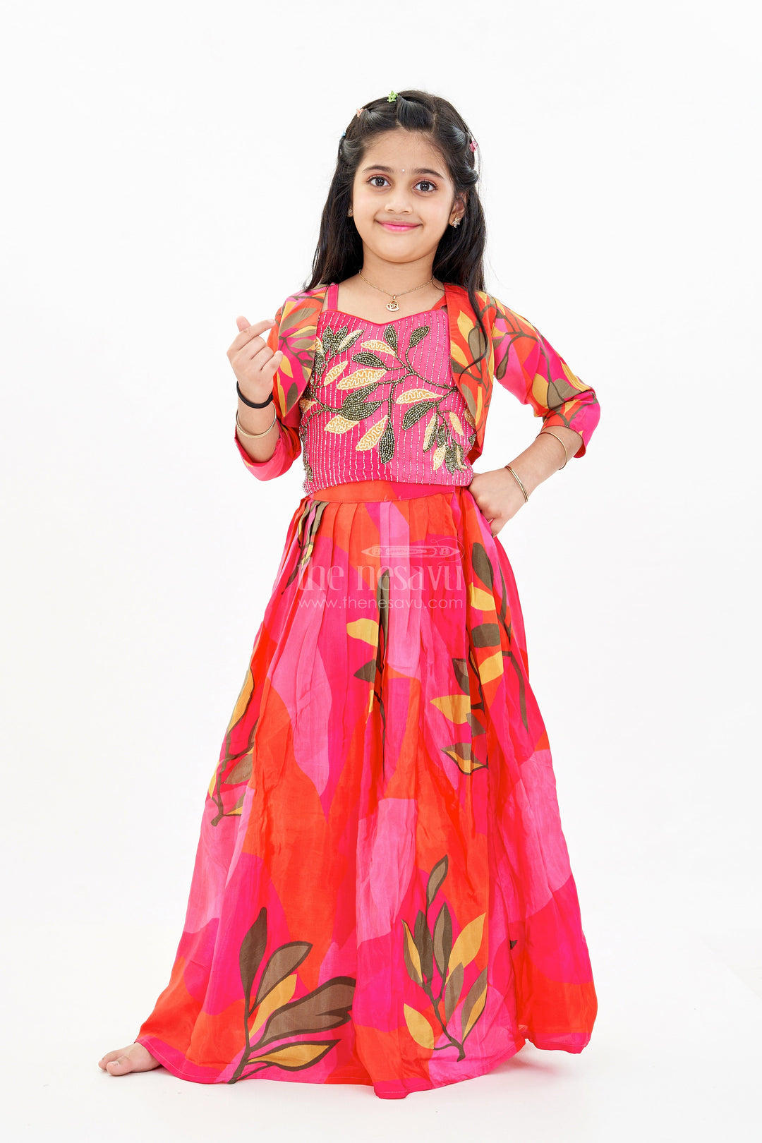 The Nesavu Girls Lehenga Choli Girls Birthday Lehenga with Floral Print and Embellished Sleeveless Choli in Vibrant Pink Nesavu 24 (5Y) / Pink GL599A-24 Girls Pink Birthday Lehenga Floral Print Embellished Sleeveless Choli | The Nesavu