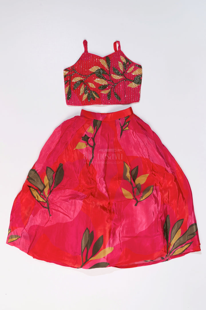 The Nesavu Girls Lehenga Choli Girls Birthday Lehenga with Floral Print and Embellished Sleeveless Choli in Vibrant Pink Nesavu Girls Pink Birthday Lehenga Floral Print Embellished Sleeveless Choli | The Nesavu