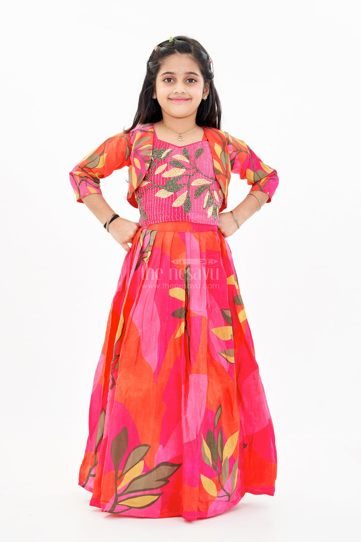 The Nesavu Girls Lehenga Choli Girls Birthday Lehenga with Floral Print and Embellished Sleeveless Choli in Vibrant Pink Nesavu Girls Pink Birthday Lehenga Floral Print Embellished Sleeveless Choli | The Nesavu