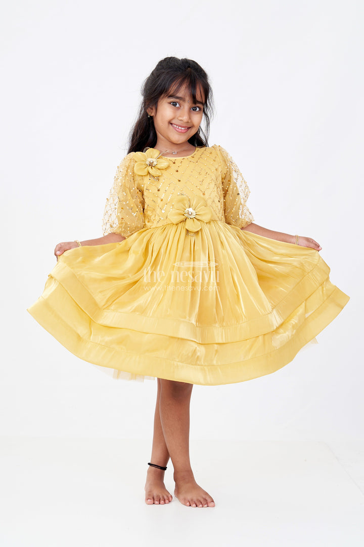 The Nesavu Girls Fancy Party Frock Girls Birthday Party Frock with Floral Embellishments and Puffy Sleeves in Golden Hue Nesavu 16 (1Y) / Yellow PF203A-16 Girls Golden Birthday Party Frock Floral Embellishments Puffy Sleeves | The Nesavu