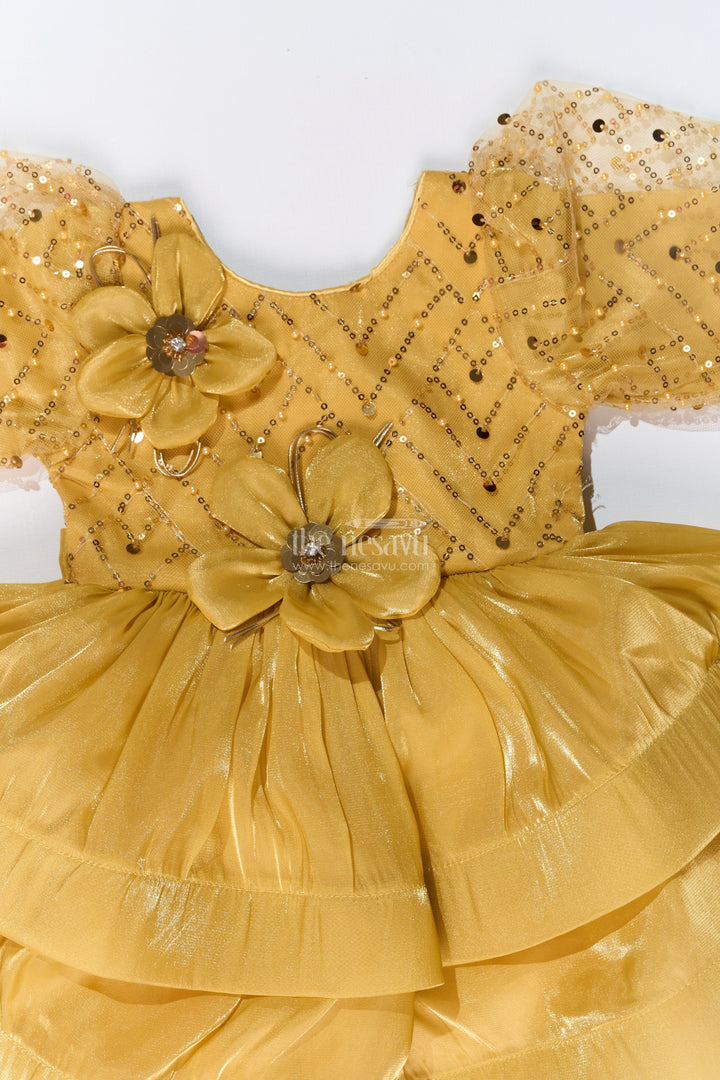 The Nesavu Girls Fancy Party Frock Girls Birthday Party Frock with Floral Embellishments and Puffy Sleeves in Golden Hue Nesavu Nesavu Girls Golden Birthday Party Frock Floral Embellishments Puffy Sleeves
