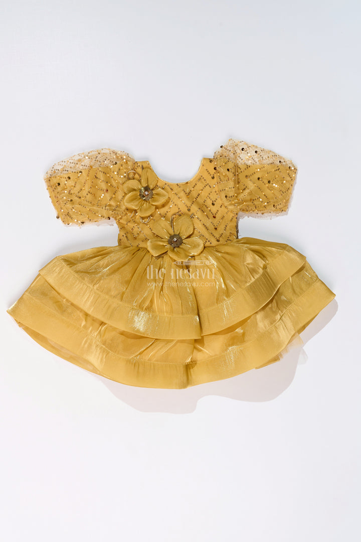 The Nesavu Girls Fancy Party Frock Girls Birthday Party Frock with Floral Embellishments and Puffy Sleeves in Golden Hue Nesavu Nesavu Girls Golden Birthday Party Frock Floral Embellishments Puffy Sleeves