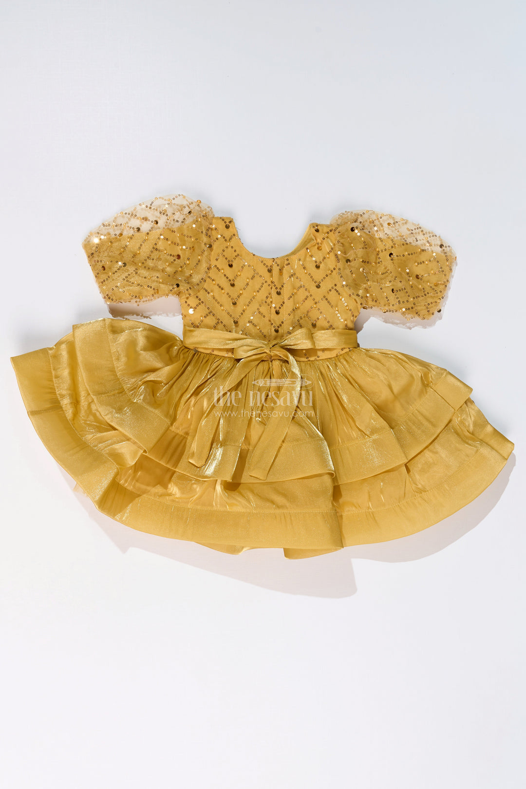 The Nesavu Girls Fancy Party Frock Girls Birthday Party Frock with Floral Embellishments and Puffy Sleeves in Golden Hue Nesavu Nesavu Girls Golden Birthday Party Frock Floral Embellishments Puffy Sleeves