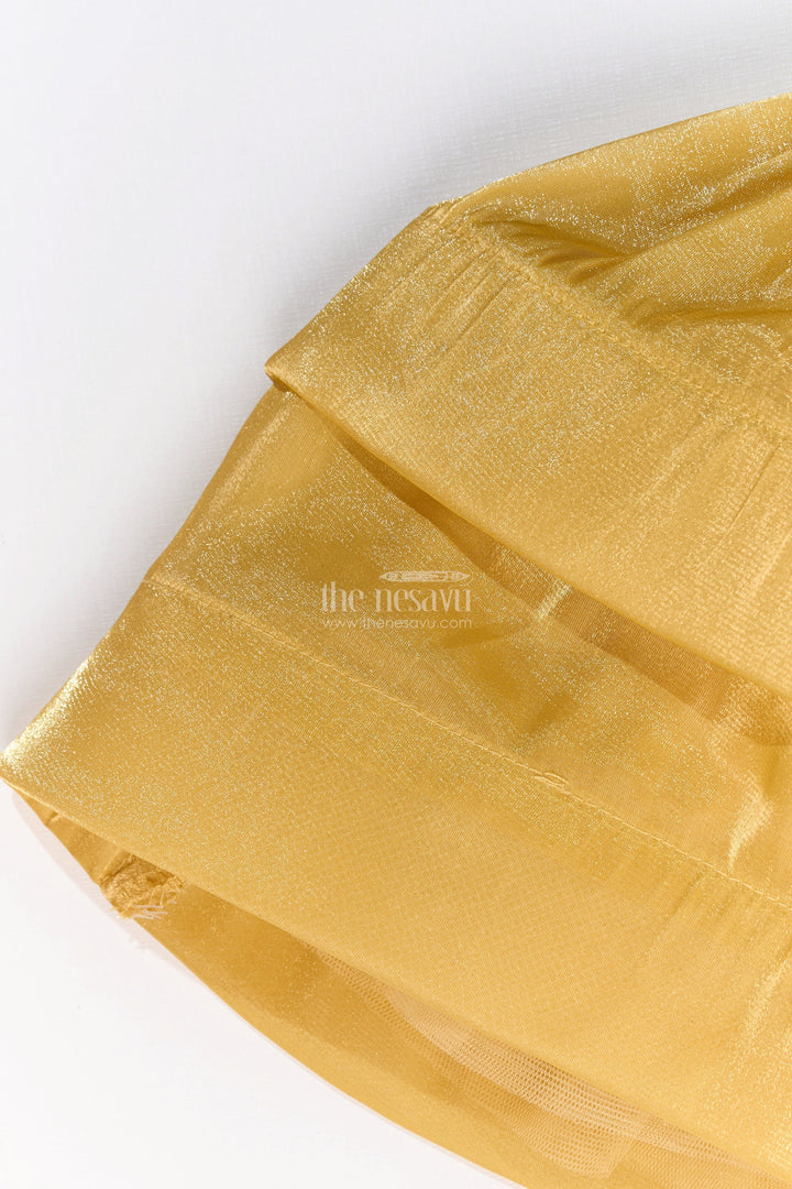 The Nesavu Girls Fancy Party Frock Girls Birthday Party Frock with Floral Embellishments and Puffy Sleeves in Golden Hue Nesavu Nesavu Girls Golden Birthday Party Frock Floral Embellishments Puffy Sleeves