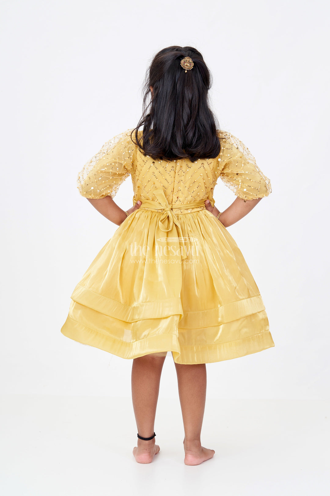 The Nesavu Girls Fancy Party Frock Girls Birthday Party Frock with Floral Embellishments and Puffy Sleeves in Golden Hue Nesavu Nesavu Girls Golden Birthday Party Frock Floral Embellishments Puffy Sleeves