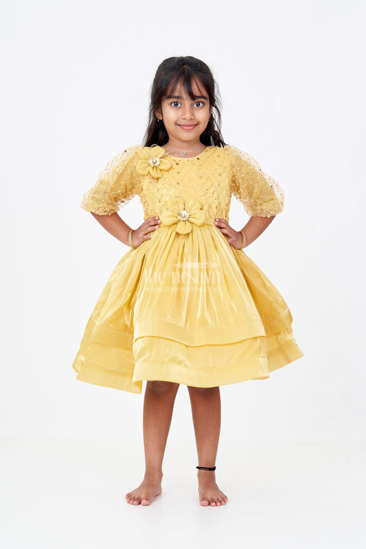 The Nesavu Girls Fancy Party Frock Girls Birthday Party Frock with Floral Embellishments and Puffy Sleeves in Golden Hue Nesavu Nesavu Girls Golden Birthday Party Frock Floral Embellishments Puffy Sleeves