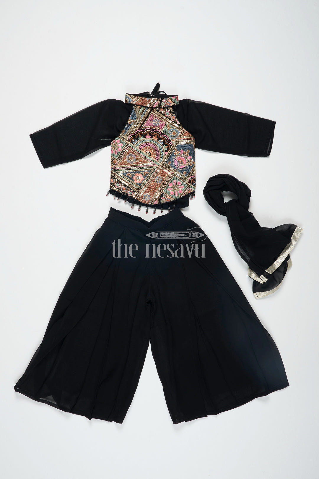 The Nesavu Girls Sharara / Plazo Set Girls Black Georgette Embroidered Sharara Plazo Set for Christmas Clothes Nesavu Girls Black Georgette Embroidered Sharara Plazo Set Nesavu Diwali Clothes Special Occasions