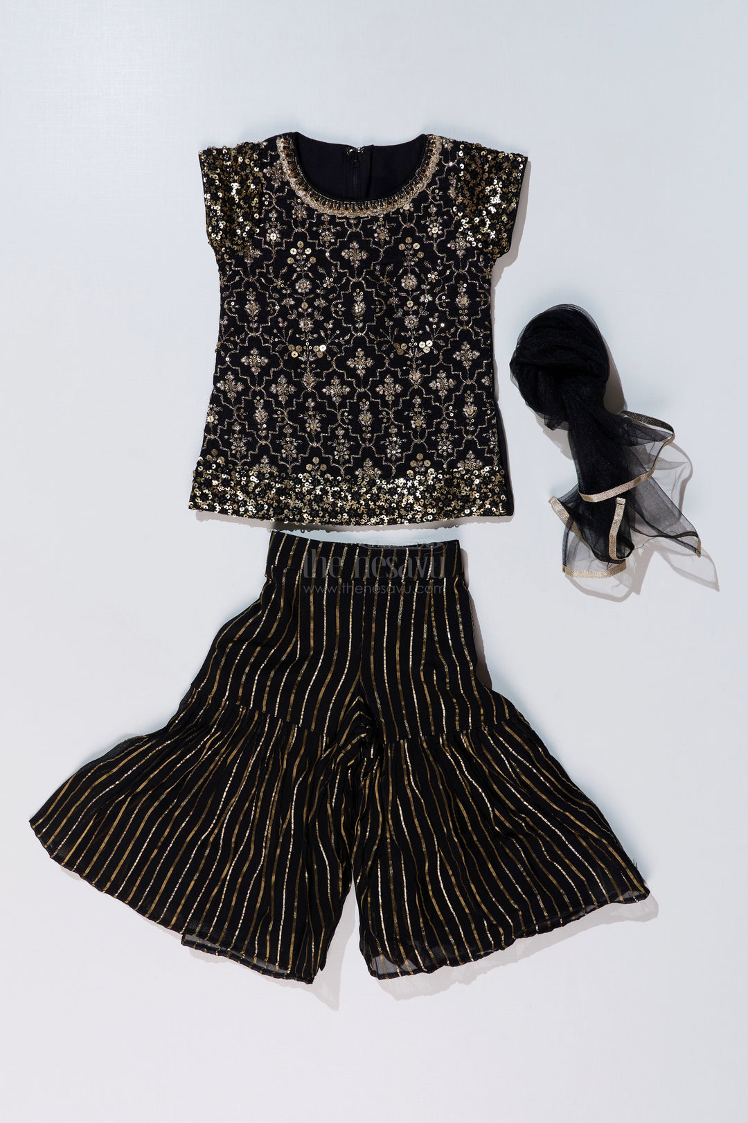 The Nesavu Girls Sharara / Plazo Set Girls Black Kurti Plazo Set with Sequined Embroidery and Tissue Silk Dupatta for Festive Occasions Nesavu Girls Black Kurti Plazo Set Sequined Embroidery Tissue Silk Dupatta Festive Wear | The Nesavu